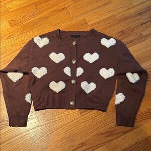 Love Tree Cropped Brown Sweater with Ivory Chenille Hearts.